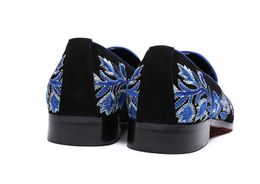 Fashion Top Men Flock Dress Shoes Mens Handmade Blue Embroidery Slip-on Loafers Men's Flats Party and Wedding Shoes 38-46