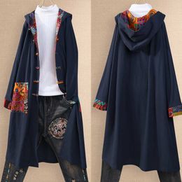 Vintage Women's Hooded Blouse 2020 Kaftan Patchwork Cardigans Causal Long Tops Female Stiching Tunic Printed Shirts Plus Size
