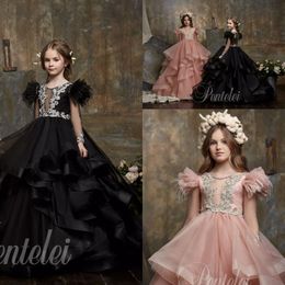 Customised Ball Gown Flower Girls Dresses Applique Crystal Feather Tiered Jewel Neck Girls Pageant Dresses Sweep Train Girls Party Gowns