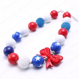 Fashion baby kids DIY jewelry 4th of July USA Style Chunky Bubblgum Necklace Girls Bowknot Beads Necklace Choker GIft