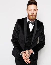 New Groom Tuxedos Groomsmen One Button Black Velvet Shawl Lapel Best Man Suit Wedding Men's Blazer Suits Custom Made (Jacket+Pants+Vest+Tie)