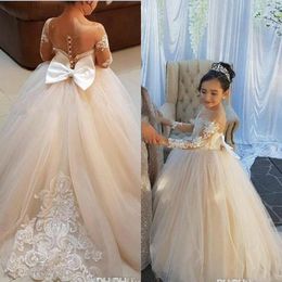 Ball Gown Flower Girls Dresses Lace Appliqued Long Sleeve Pageant Dresses For Girls Big Bow Birthday Wedding Formal Wear
