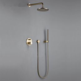 10 Inch Solid Brass Brushed Gold Bath Bathroom Shower Head Rianfall Luxury Combo Faucet Wall-Mount Arm Mixer Diverter Set