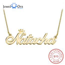 Personalised 925 Sterling Silver Nameplate Necklace with Crown Custom Any Name Fine Jewellery Gift for Mom (JewelOra NE102939)