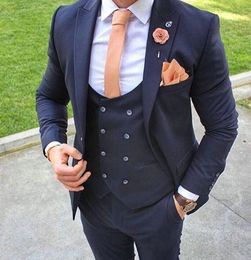 New High Quality One Button Navy Blue Groom Tuxedos Peak Lapel Groomsmen Best Man Suits Mens Wedding Suits (Jacket+Pants+Vest+Tie) 895