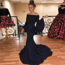 2019 New Long Sleeve Black Prom Dress Cheap Off The Shoulder Neckline Fishtail Court Train Vestidos de fiesta largos