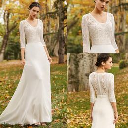 Mermaid Boho Country Wedding Dresses V Neck Long Sleeve Lace Satin Bridal Gowns Sweep Train Robe De Marie