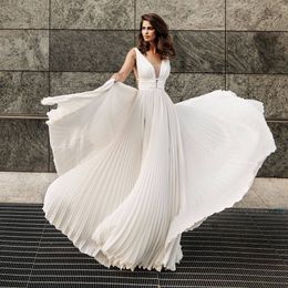 2019 New White A line V Neck Chiffon beach Cheap Wedding Dresses Bridal gowns Boho Wedding Gown Nigeria abiti da sposa
