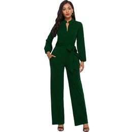 Fashion Jumpsuit Women Long Sleeve With Belt Pocket Lady Casual Loose Romper Trousers Ladies Long Pants Clothing