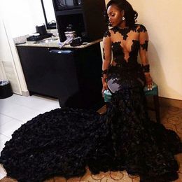 African Black Prom Dresses Mermaid Sheer Neckline Appliques Long Sleeves Evening Dress Wear Long Sweep Train African Party Gowns