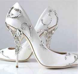 Hot sale-Silver Leaf Brand Wedding Dress Bridal Pumps for women Thin high heels White Satin Ladies Pumps Slip on Solid Single Shoes