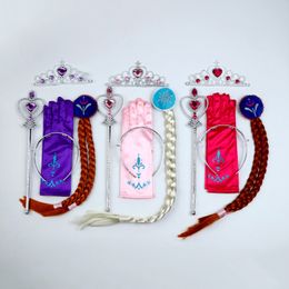 Princess Crown+snowflake Tether love Magic Stick+wig+printing gloves 4pcs/set baby girls Halloween Cosplay props princess Jewellery Sets M144