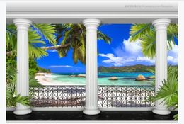 3D Customised large photo mural wallpaper Roman column balcony garden coconut tree island seascape 3d background wall paper for walls 3d
