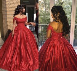 2024 Sexy Dark Red Ball Gown Quinceanera Dresses Off Shoulder Lace Appliques Beads Satin Sweet 16 Puffy Party Pageant Prom Evening Gowns 403