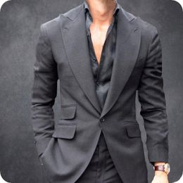 Latest Design One Button Dark Grey Wedding Groom Tuxedos Peak Lapel Groomsmen Men Suits Prom Blazer (Jacket+Pants+Tie) NO:2059