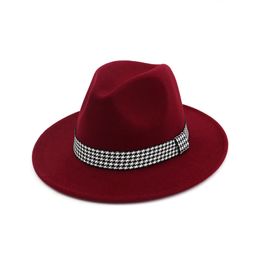 Women's Men's Flat Brim Wool Felt Vintage Panama Fedora Hats Fashion Jazz Cap with Ribbon Men Women Trilby Derby Gambler Hat