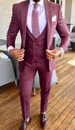 Slim Fit Burgundy 3 Piece Suit Men Wedding Tuxedos Bridegroom Groomsmen Suits Business Party Prom Blazer(jacket+pants+ Tie+vest) 2281