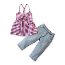 2PCS Toddler Baby Kids sweet summer outfit set sleeveless bowknot Plaid Tops T-shirt Denim Pants Outfits Clothes