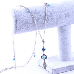 Wasit Bell Chain Blue Stone Body Jewellery Stainless Steel Rhinestone Navel & Bell Button Piercing Dangle Rings for Women Gift
