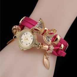 ashion women alloy stainless steel dial analog watch PU leather strap quartz machine bow diamond belt bracelet watch