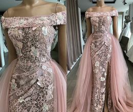 Gorgeous Mermaid Prom Dresses With Detachable Overskirts Lace Appliqued Beads Pearls Evening Gowns Side Split Off The Shoulder Party Dress