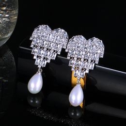 Fashion- New Hollow Out Big Heart Design Silver 925 Jewellery Sparkling Cubic Zirconia Long Pearl Bridal Earrings Wedding ER403