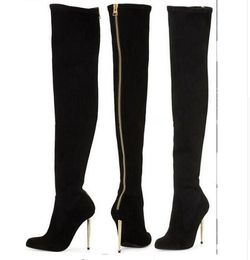 Hot Sale-New Leather / Suede Sexy Women Over the Knee Boots Metallic Thin High Heels Back Zipper Women Boots Black Botas