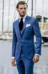 Best Popular Design Blue Groom Tuxedos Peak Lapel Two Button Groomsmen Mens Wedding Dress Excellent Man 3 Piece Suit(Jacket+Pants+Vest+Tie)7