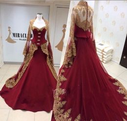 Gorgeous Gold Lace Appliqued Burgundy Evening Dresses With Long sleeves Middle East Dubai Arabia Prom Dresses Vestido de Festa