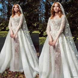 Zuhair Murad Mermaid Wedding Dresses With Detachable Train Scoop Long Sleeve Appliques Bridal Gowns Garden Vestido De Novia