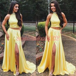 Modest Yellow Two Pieces Prom Dresses High Neck Split Beads Satin Beads Party African Formal Evening Dresses Gowns Guest Wear Robe De Soiree