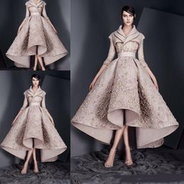 Ashi Studio New Design Evening Dresses Lace Appliques Long Sleeves Satin Ruched Prom Dresses High Low Formal Party Gowns Custom Made