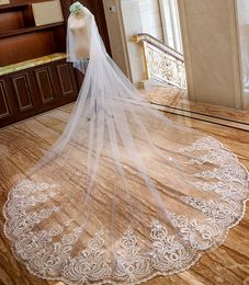 Cheap Hot Sale Wedding Veils 3M Long Cathedral Length Two Layers Lace Edge Tulle Bridal Veil For Women Hair Accessories