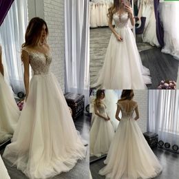 Cap Sleeve Bohemian Country Wedding Dresses Sweep Train Bridal Gowns Lace Beach Wedding Gowns Custom Made