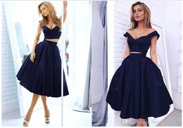 2023 New A-Line Blue Knee Length Cocktail Party Dresses Two Piece Off the Shoulder Summer Short Homecoming Dresses 1062