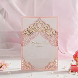 Royal Pink Greeting Cards Laser Cut Wedding Invitations Card With Gold Embossed Hollow Flora Design for Bridal Shower XD23190