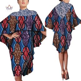 Bazin Riche African Stand Neck Bat Dresses for Women Dashiki Print Knee Length Dresses Vestidos African Women Clothing WY5947