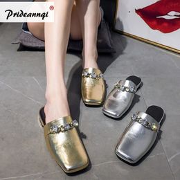 Designer-per Flat Bottom Ban Tuo Rhinestone Chain Baotou Really Leather Shoes