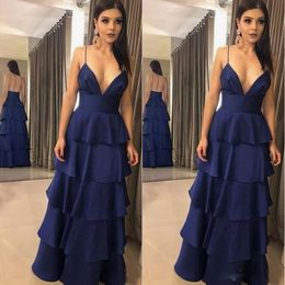 2019 Spaghetti V Neck Navy Long A Line Satin Prom Dresses Backless Tiered Evening Gowns