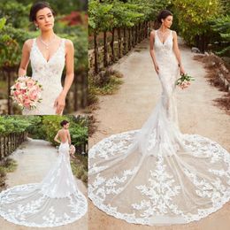 Lace Mermaid Gorgeous Dresses Straps V Neck Chapel Train Custom Made Appliqued Newest Backless Wedding Bridal Gown Plus Size