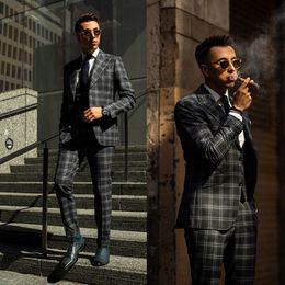 Three Piece Mens Suit Black Damier Cheque Customised Groom Suit Wedding Suits For Best Men Slim Fit Groom Tuxedos For Man