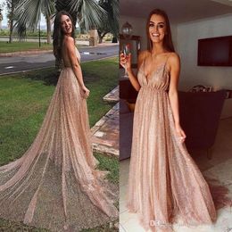 Champagne Sexy A Line Prom Dresses Deep V Neck Spaghetti Straps Sequined Pleats Formal Dress Evening Gowns Vestidos De Noiva ogstuff