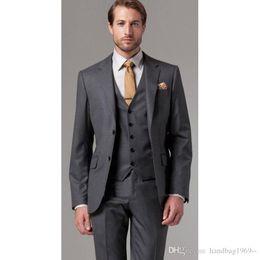 Fashionable Two Button Dark Grey Groom Tuxedos Notch Lapel Man Work Business Suits Mens Wedding Dress Suits (Jacket+Pants+Vest+Tie) D:213