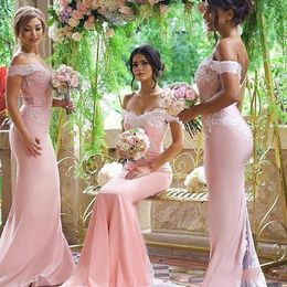 Mermaid Elegant Pink Bridesmaid Dresses Lace Applique Sweep Train Custom Made Cap Sleeves Plus Size Maid of Honour Gown Formal Evening Wear