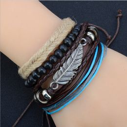 Multi-Bundle Set Bracelet Handmade Leather Handicraft Wooden Bead Weave Beaded Bracelet Men and women gentlemen charm2400