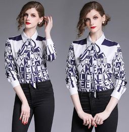 New Fashion Vintage Letter Print OL Women's Blouses Ladies Casual Office Button Front Bow Tie Neck Long Sleeve Shirts Tops