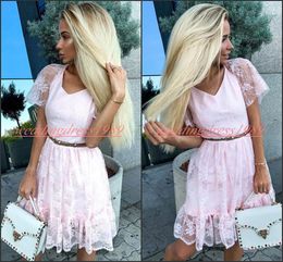 Stunning Lace V-Neck African Homecoming Dresses Juniors Arabic V-Neck Pink 2020 Party Club Wear Short Sleeve Short Prom Dress Graduation