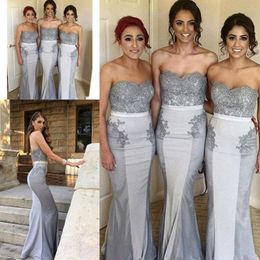 Silver Grey Fishtail Bridesmaid Dresses Lace Appliques Strapless Long Maid Of Honour Gowns For Wedding 2019 Mermaid Cheap Bridesmaid Dress