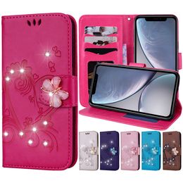 Leather Wallet Phone Case for iPhone 11 Pro XR XS 7 Plus Max Samsung Galaxy S10 Butterfly Rhinestone Flip Stand Photo Frame Protective Case
