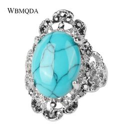 Luxury Ethnic Red Blue Stone Crystal Ring Vintage Big Silver Wedding Rings For Women Statement Fashion Bohemian Turkish Jewelry